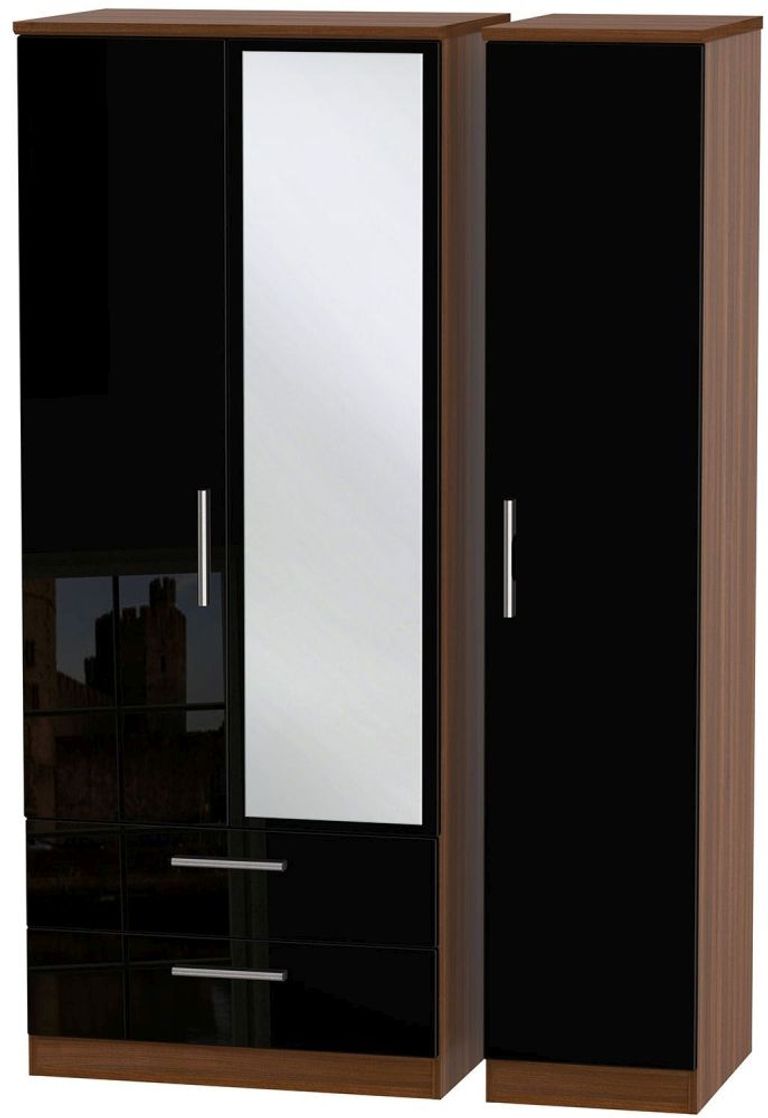 Knightsbridge Black Gloss and Walnut Effect 3 Door Combi Wardrobe - 1 Mirror and LHF 2 Drawers