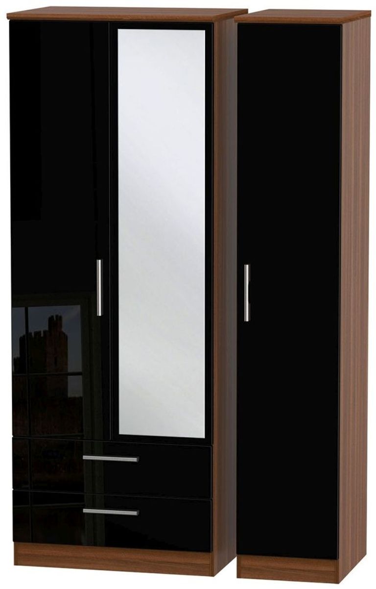 Knightsbridge Black Gloss and Walnut Effect 3 Door Tall Combi Wardrobe - 1 Mirror and LHF 2 Drawers