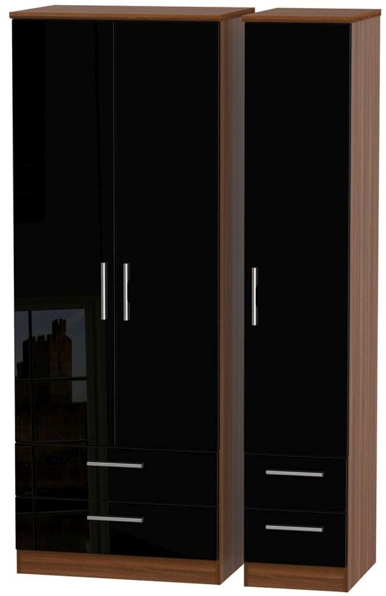 Knightsbridge Black Gloss and Walnut Effect 3 Door Tall Triple Wardrobe - 4 Drawers