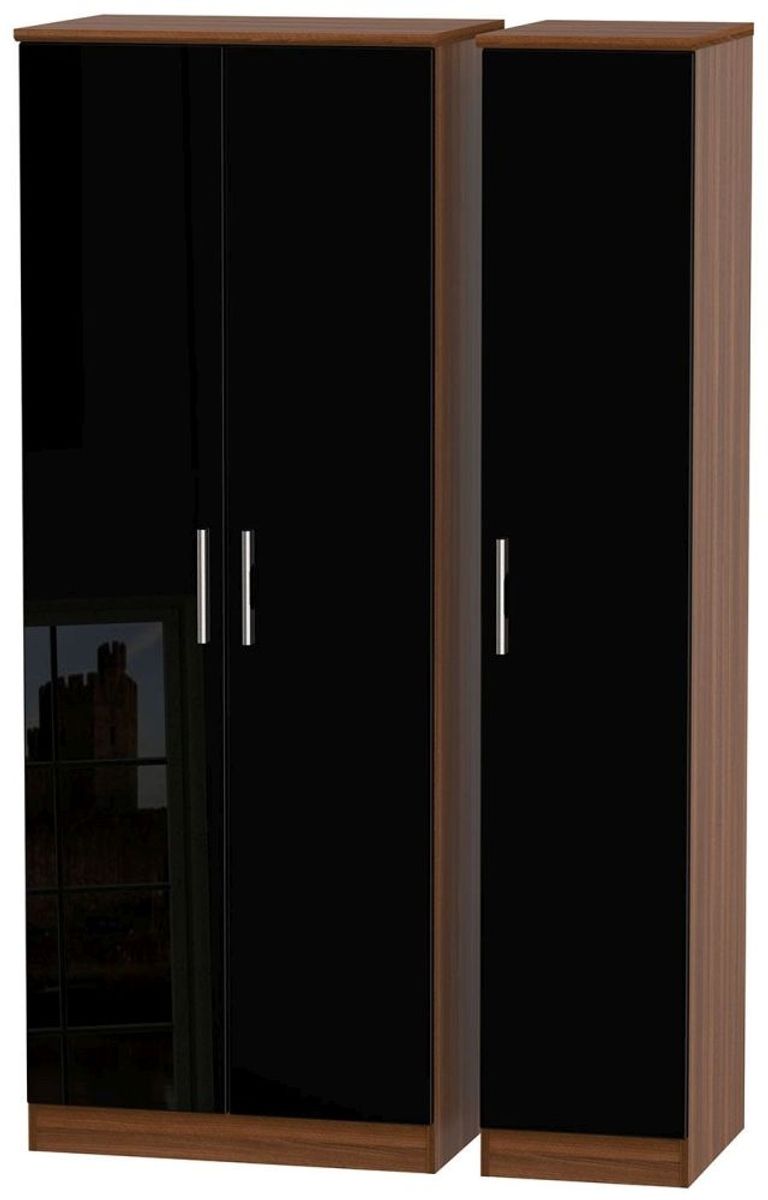 Knightsbridge Black Gloss and Walnut Effect 3 Door Tall Triple Wardrobe