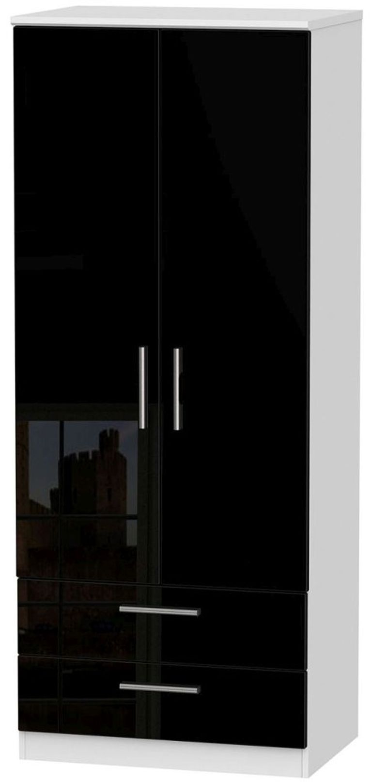 Knightsbridge Black Gloss and White 2 Door 2 Drawer Double Wardrobe