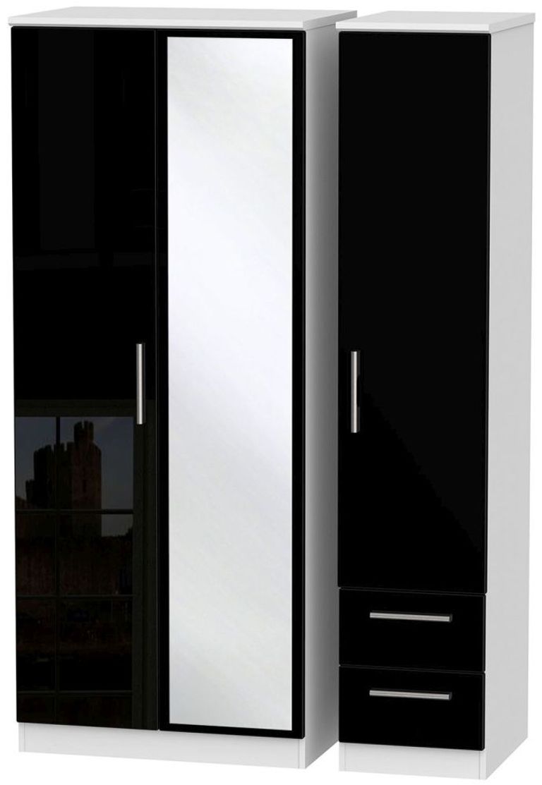 Knightsbridge Black Gloss and White 3 Door Combi Wardrobe - 1 Mirror and RHF 2 Drawers