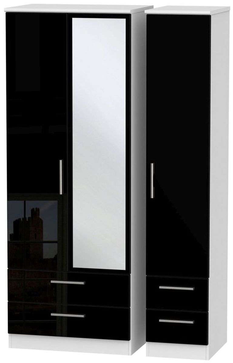 Knightsbridge Black Gloss and White 3 Door Tall Combi Wardrobe - 1 Mirror