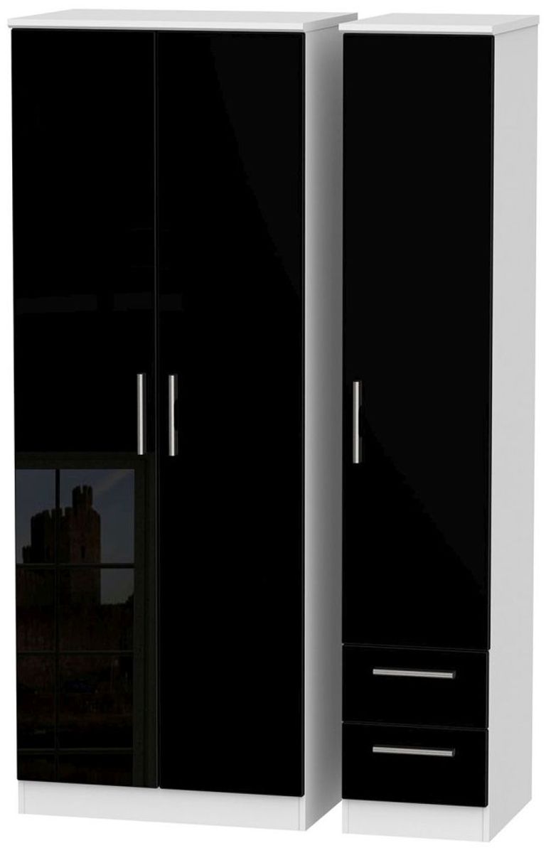 Knightsbridge Black Gloss and White 3 Door Tall Triple Wardrobe - RHF 2 Drawers