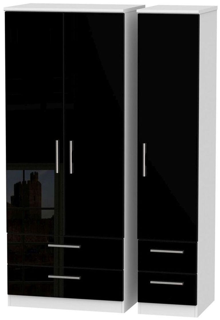 Knightsbridge Black Gloss and White 3 Door Triple Wardrobe - 4 Drawers