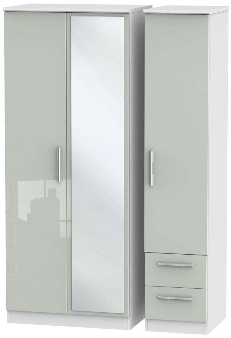Knightsbridge Cashmere Gloss and White 3 Door Combi Wardrobe - 1 Mirror and RHF 2 Drawers