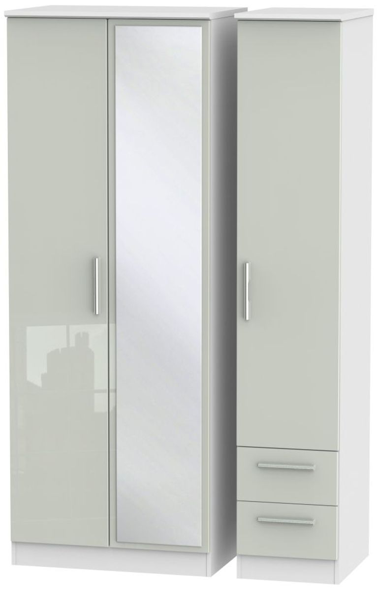 Knightsbridge Cashmere Gloss and White 3 Door Tall Combi Wardrobe - 1 Mirror and RHF 2 Drawers