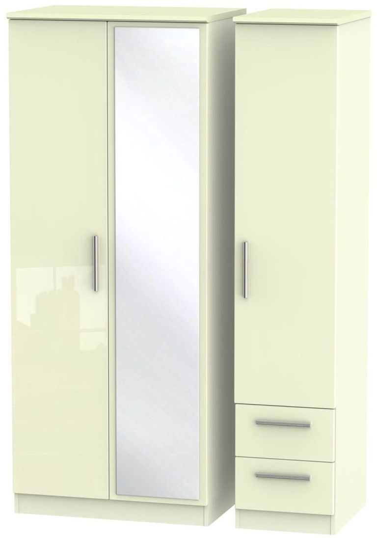 Knightsbridge Wardrobe - 3 Door - 1 Mirror - RHF 2 Drawers - Combi - Cream Gloss