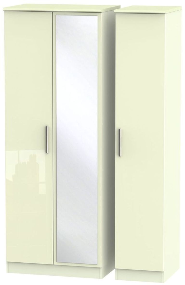 Knightsbridge Cream Gloss 3 Door Tall Triple Wardrobe - 1 Mirror