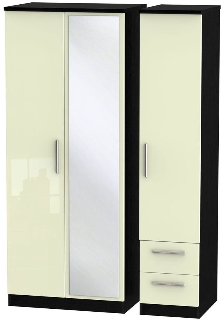 Knightsbridge Cream Gloss and Black 3 Door Combi Wardrobe - 1 Mirror and RHF 2 Drawers