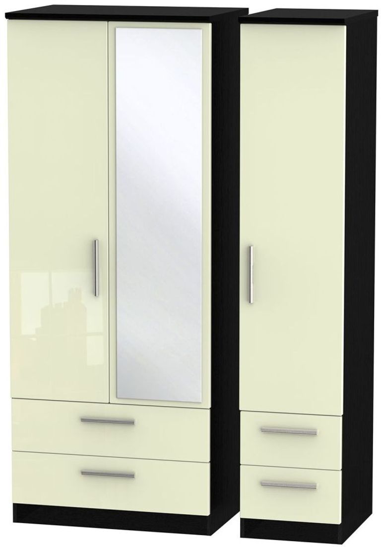 Knightsbridge Cream Gloss and Black 3 Door Combi Wardrobe - 1 Mirror