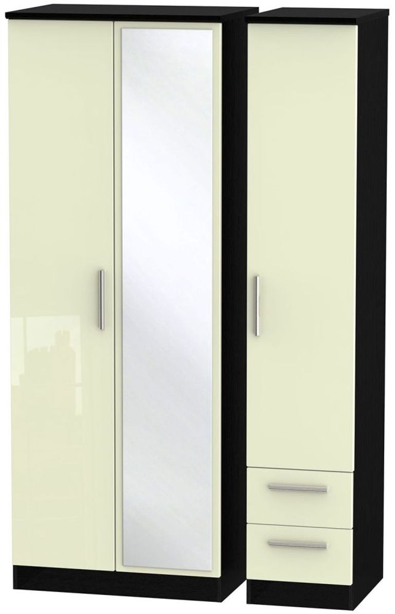 Knightsbridge Cream Gloss and Black 3 Door Tall Combi Wardrobe - 1 Mirror and RHF 2 Drawers