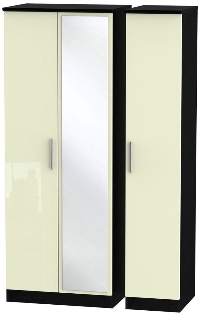 Knightsbridge Cream Gloss and Black 3 Door Tall Triple Wardrobe - 1 Mirror