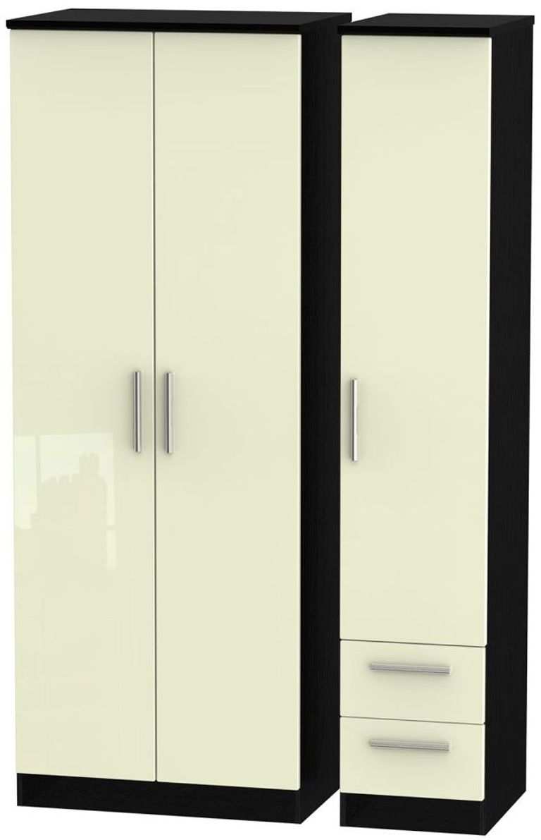 Knightsbridge Cream Gloss and Black 3 Door Tall Triple Wardrobe - RHF 2 Drawers