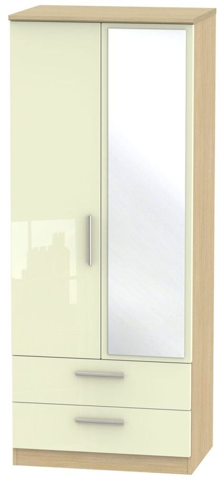 Knightsbridge Cream Gloss and Light Oak 2 Door Combi Wardrobe - 1 Mirror