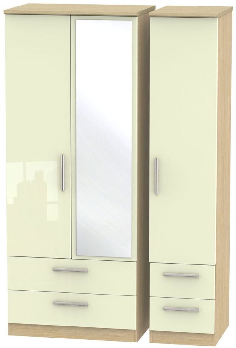 Knightsbridge Cream Gloss and Light Oak 3 Door Combi Wardrobe - 1 Mirror