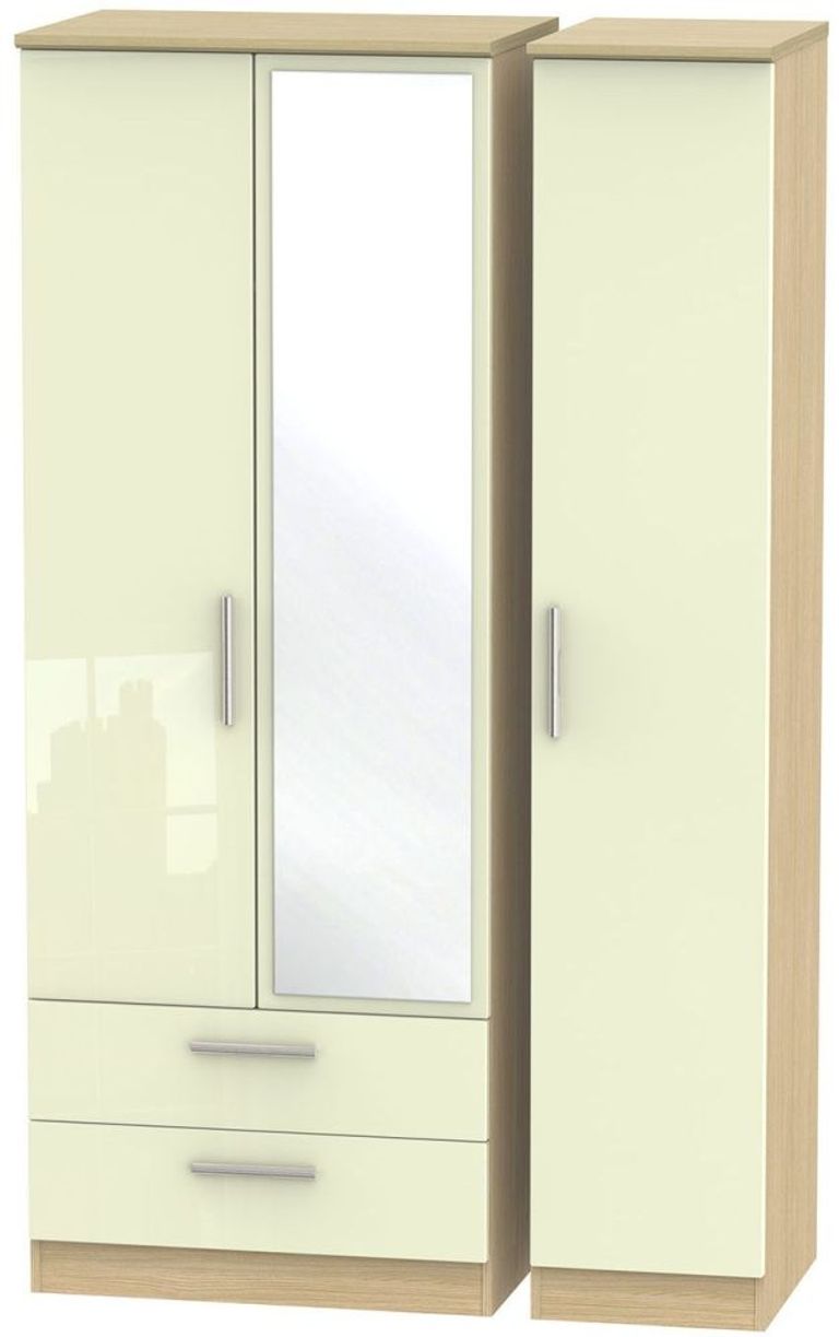 Knightsbridge Cream Gloss and Light Oak 3 Door Tall Combi Wardrobe - 1 Mirror and LHF 2 Drawers