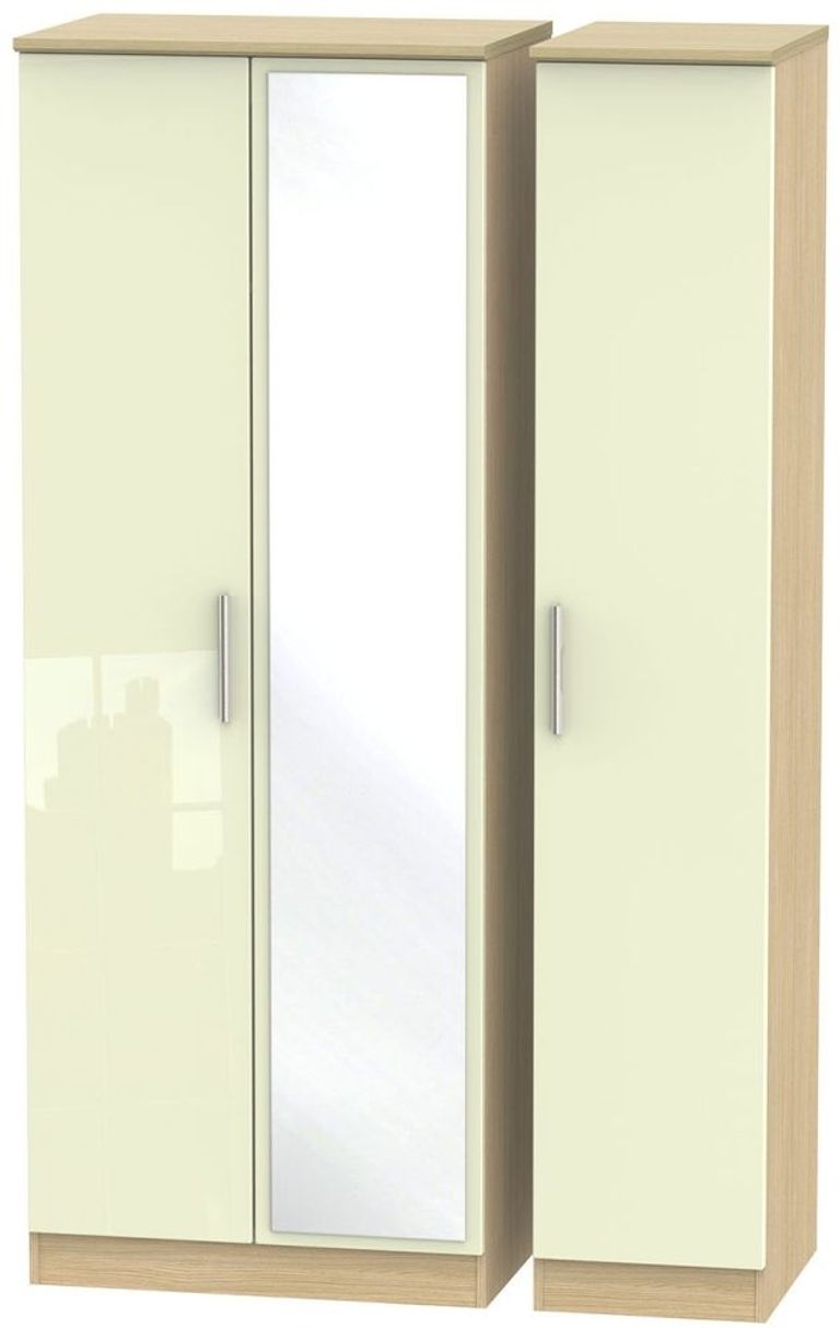 Knightsbridge Cream Gloss and Light Oak 3 Door Tall Triple Wardrobe - 1 Mirror