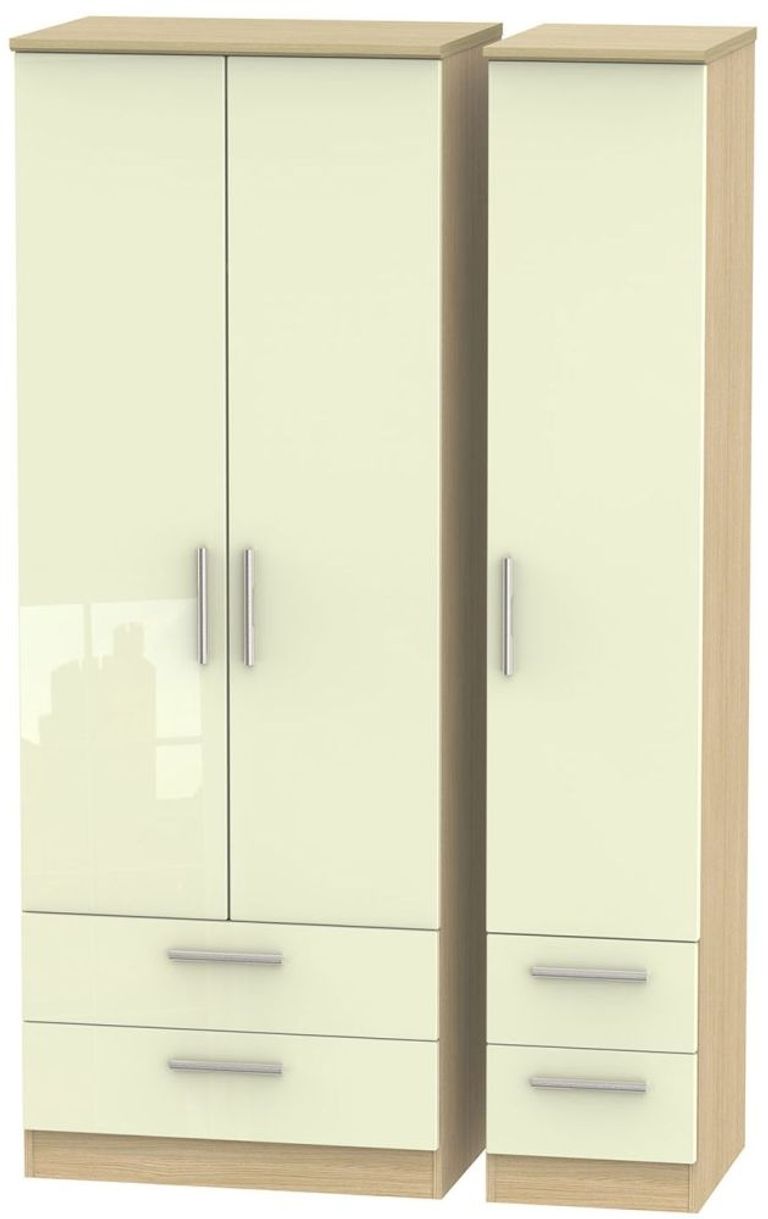 Knightsbridge Cream Gloss and Light Oak 3 Door Tall Triple Wardrobe - 4 Drawers