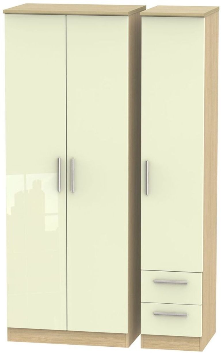 Knightsbridge Cream Gloss and Light Oak 3 Door Tall Triple Wardrobe - RHF 2 Drawers
