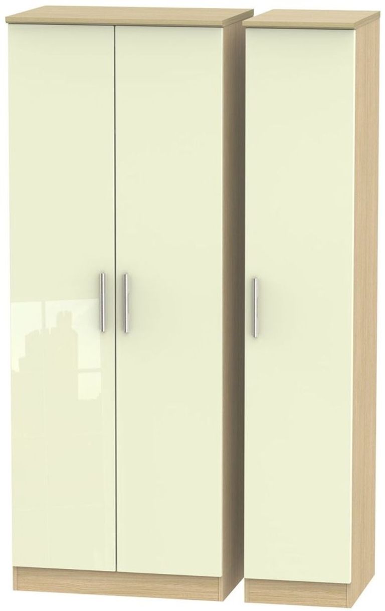 Knightsbridge Cream Gloss and Light Oak 3 Door Tall Triple Wardrobe