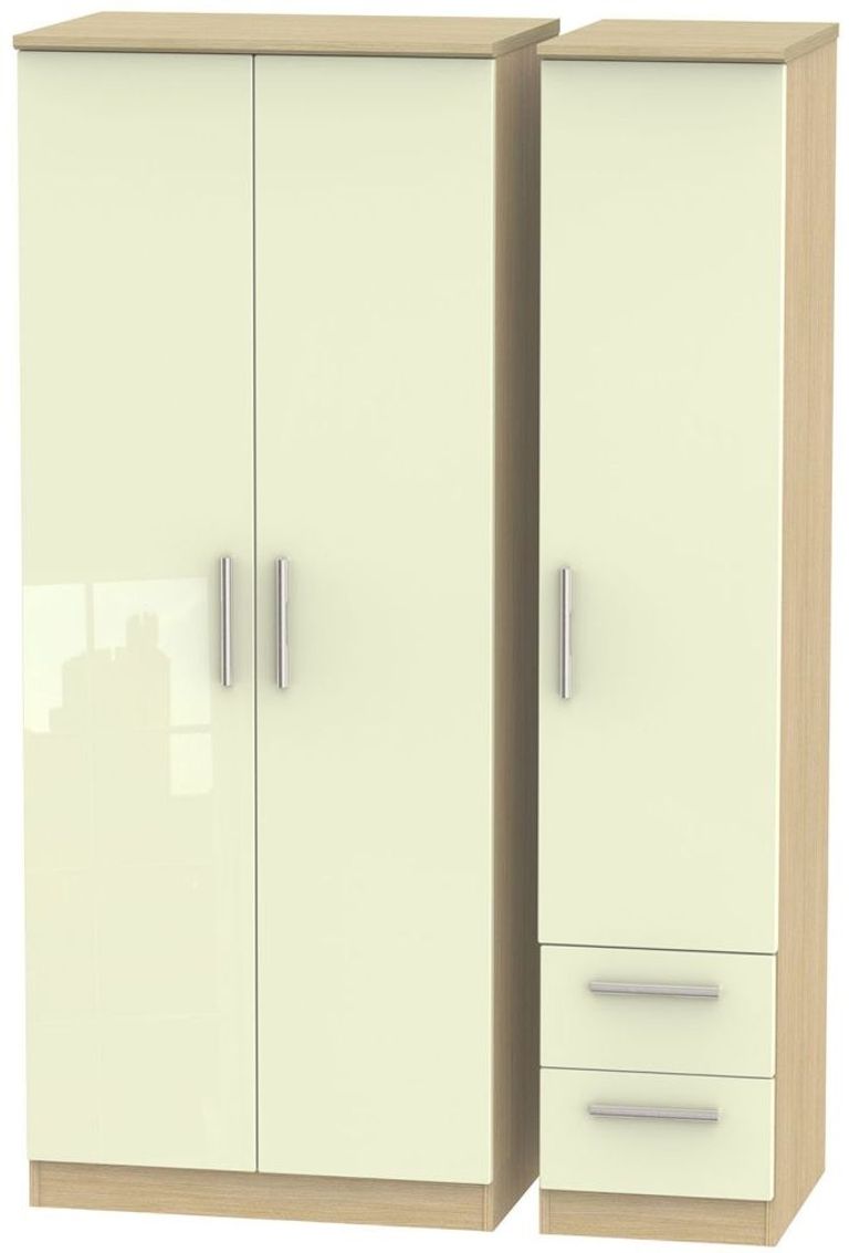 Knightsbridge Cream Gloss and Light Oak 3 Door Triple Wardrobe - RHF 2 Drawers