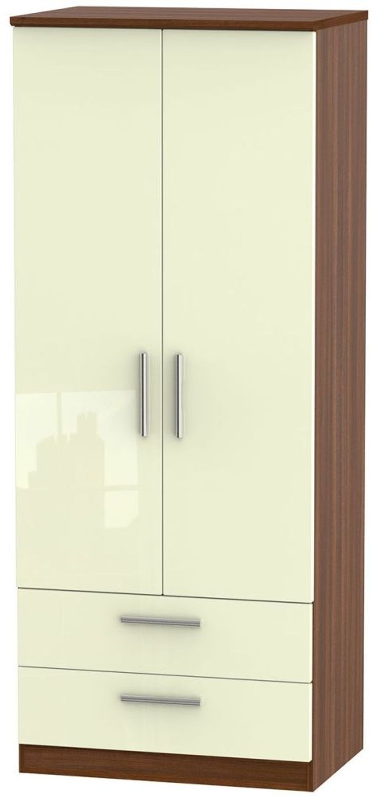 Knightsbridge Cream Gloss and Walnut Effect 2 Door 2 Drawer Double Wardrobe