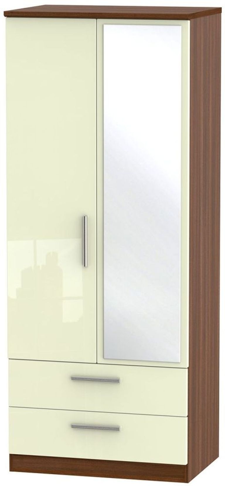 Knightsbridge Cream Gloss and Walnut Effect 2 Door Combi Wardrobe - 1 Mirror
