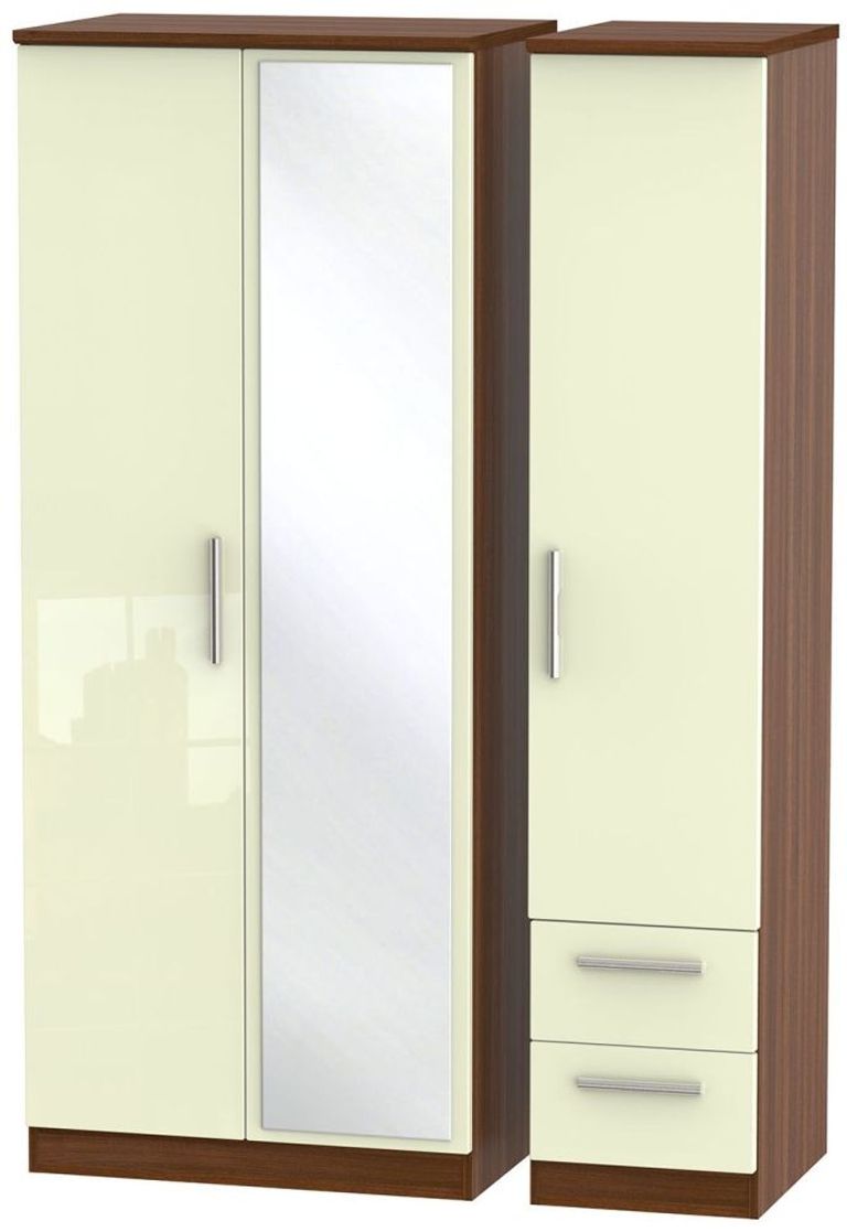 Knightsbridge Cream Gloss and Walnut Effect 3 Door Combi Wardrobe - 1 Mirror and RHF 2 Drawers