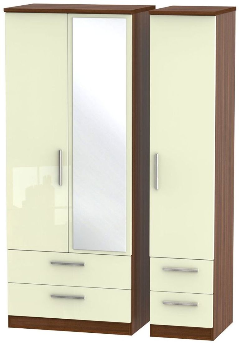 Knightsbridge Cream Gloss and Walnut Effect 3 Door Combi Wardrobe - 1 Mirror