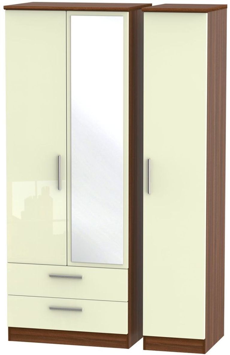 Knightsbridge Cream Gloss and Walnut Effect 3 Door Tall Combi Wardrobe - 1 Mirror and LHF 2 Drawers