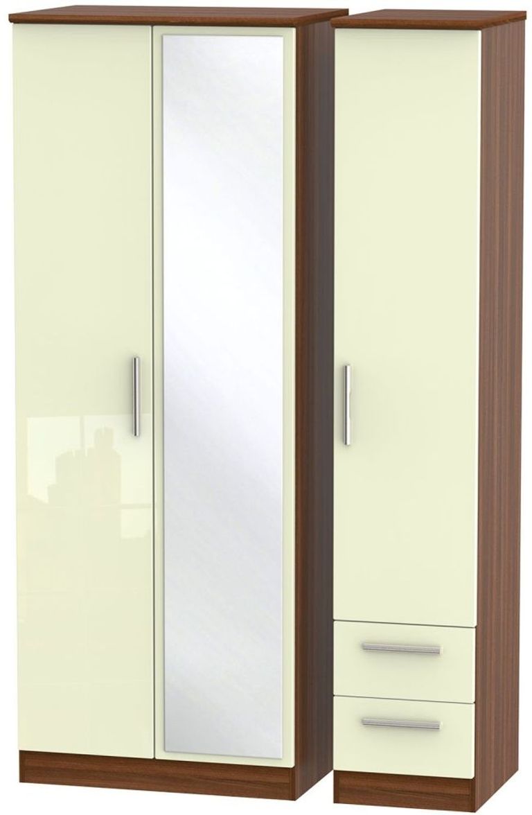 Knightsbridge Cream Gloss and Walnut Effect 3 Door Tall Combi Wardrobe - 1 Mirror and RHF 2 Drawers