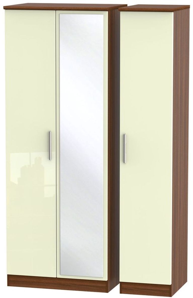 Knightsbridge Cream Gloss and Walnut Effect 3 Door Tall Triple Wardrobe - 1 Mirror