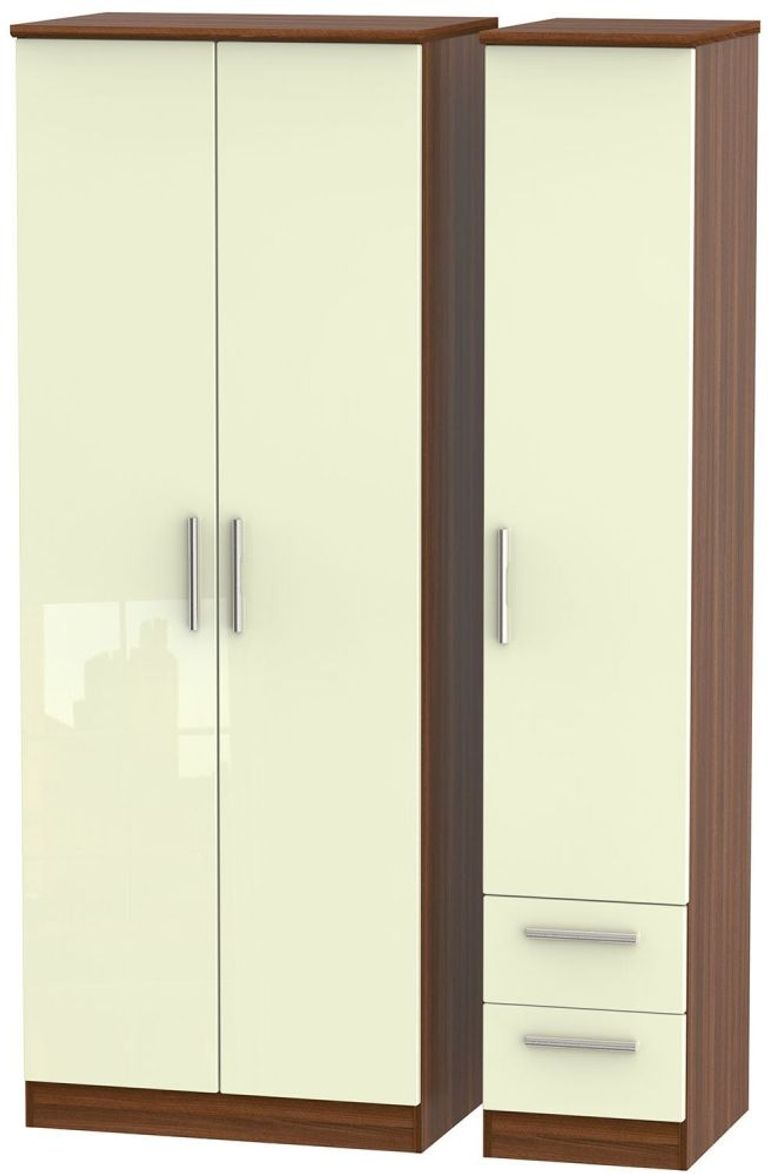Knightsbridge Cream Gloss and Walnut Effect 3 Door Tall Triple Wardrobe - RHF 2 Drawers