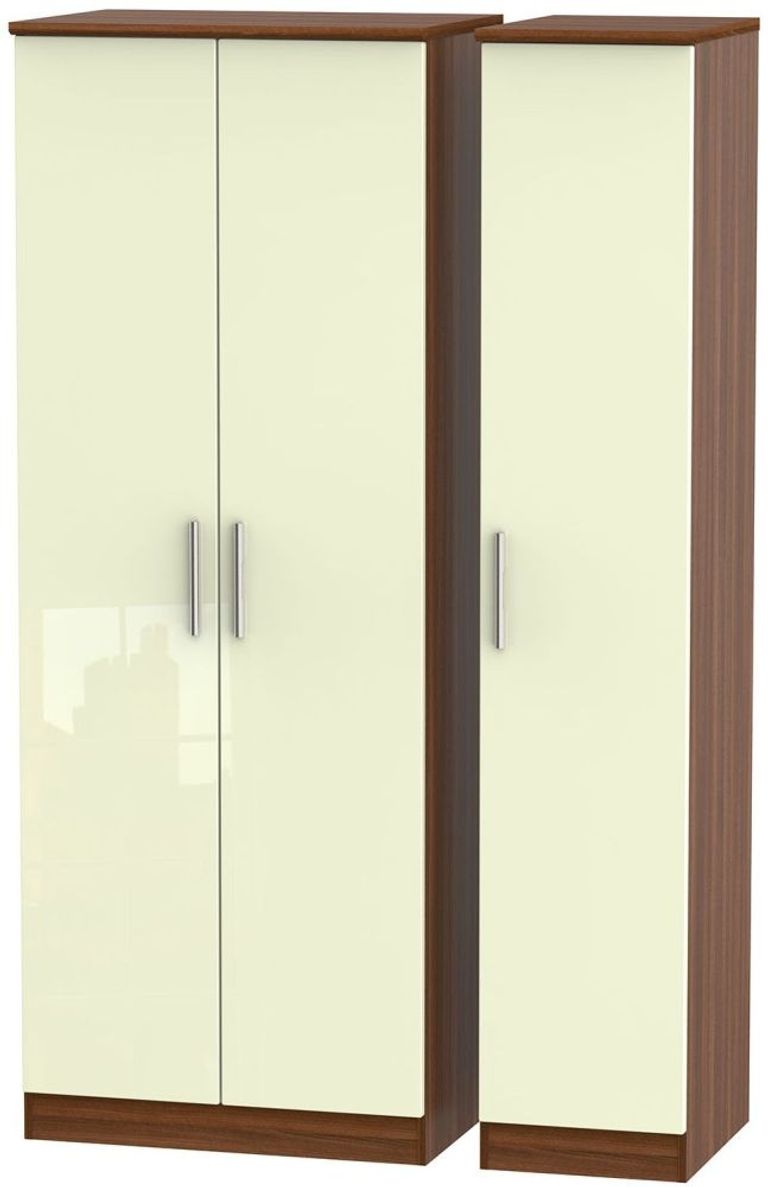 Knightsbridge Cream Gloss and Walnut Effect 3 Door Tall Triple Wardrobe