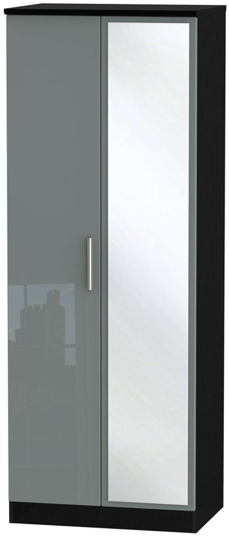 Knightsbridge Grey Gloss and Black 2 Door Tall Wardrobe - 1 Mirror