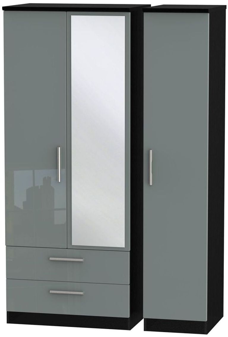 Knightsbridge Grey Gloss and Black 3 Door Combi Wardrobe - 1 Mirror and LHF 2 Drawers
