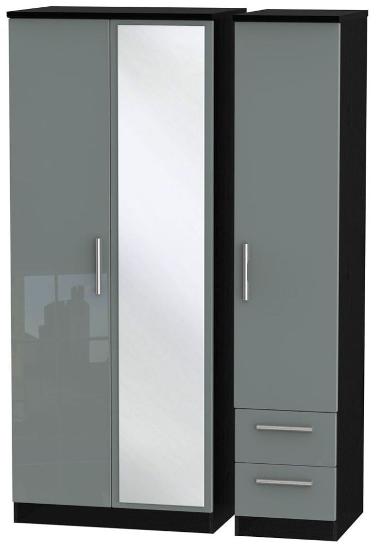 Knightsbridge Grey Gloss and Black 3 Door Combi Wardrobe - 1 Mirror and RHF 2 Drawers