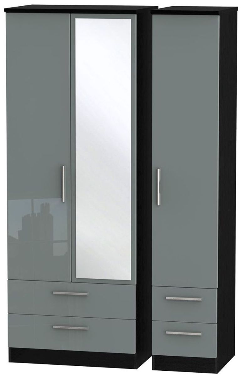 Knightsbridge Grey Gloss and Black 3 Door Tall Combi Wardrobe - 1 Mirror