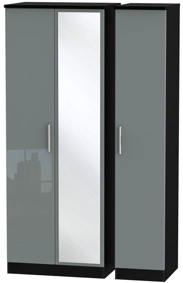 Knightsbridge Grey Gloss and Black 3 Door Tall Triple Wardrobe - 1 Mirror
