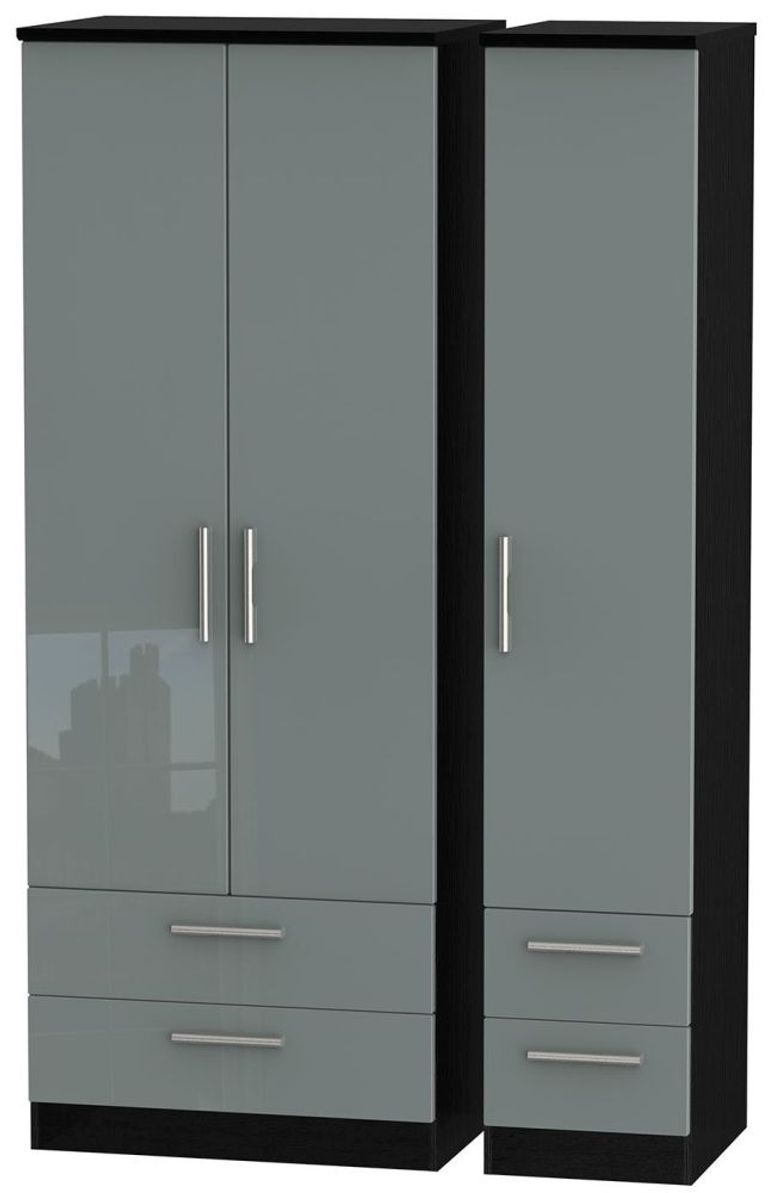 Knightsbridge Grey Gloss and Black 3 Door Tall Triple Wardrobe - 4 Drawers