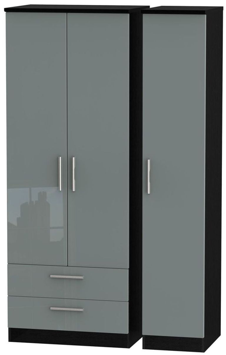 Knightsbridge Grey Gloss and Black 3 Door Tall Triple Wardrobe - LHF 2 Drawers