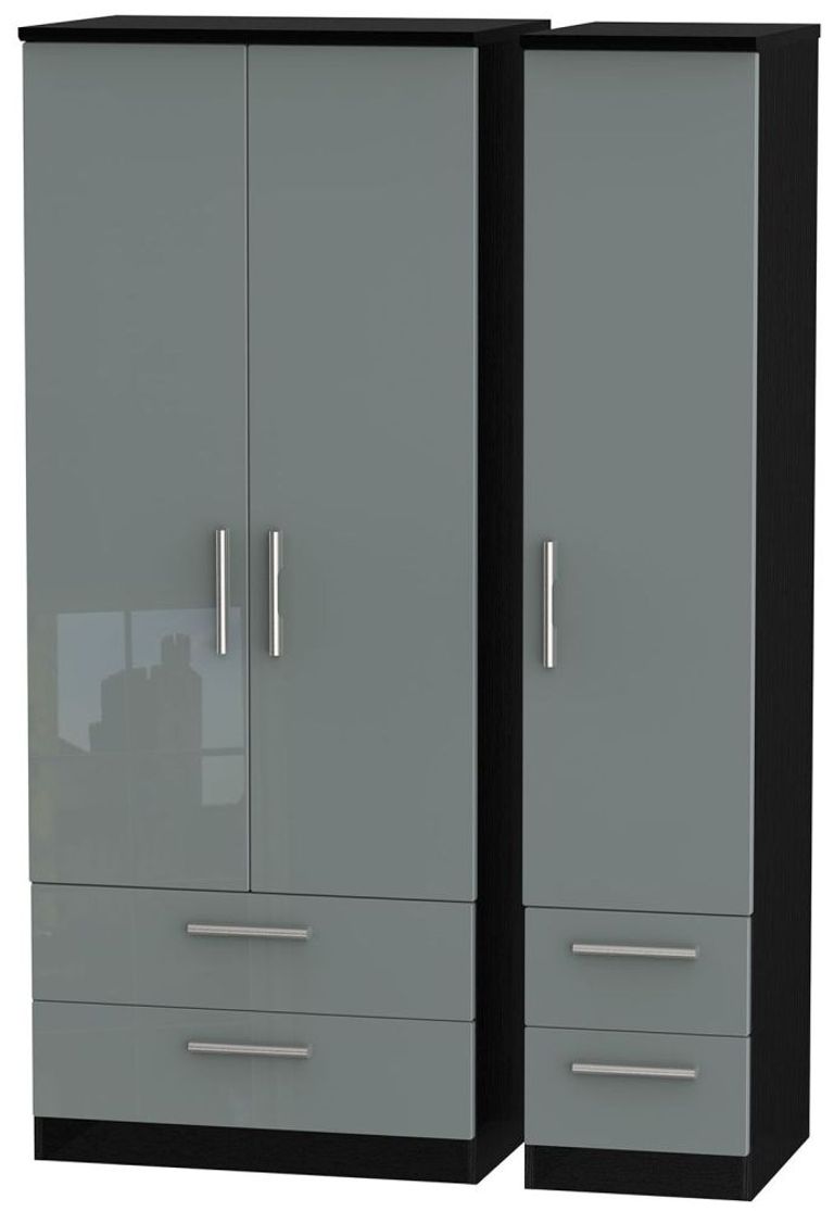 Knightsbridge Grey Gloss and Black 3 Door Triple Wardrobe - 4 Drawers