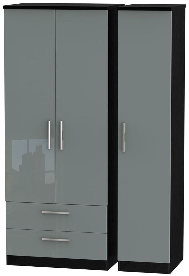Knightsbridge Grey Gloss and Black 3 Door Triple Wardrobe - LHF 2 Drawers