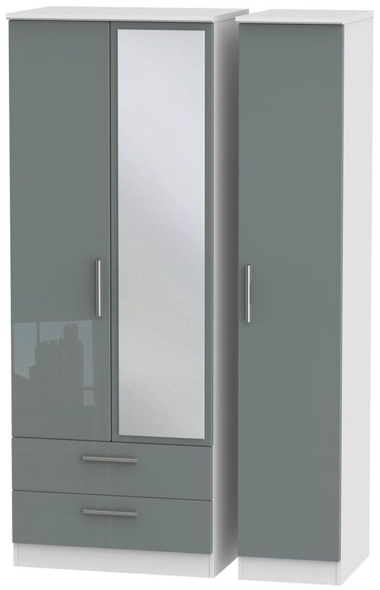 Knightsbridge Grey Gloss and White 3 Door Tall Combi Wardrobe - 1 Mirror and LHF 2 Drawers