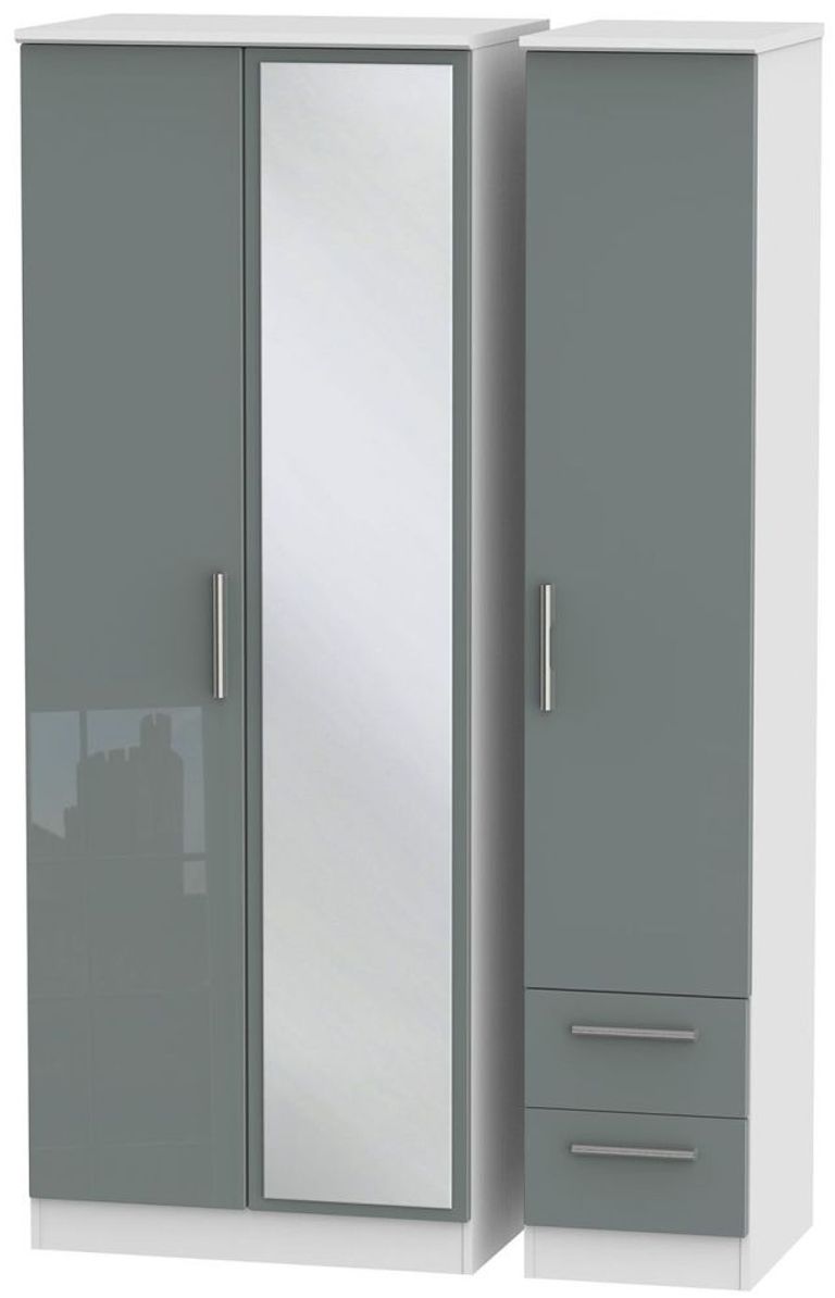 Knightsbridge Grey Gloss and White 3 Door Tall Combi Wardrobe - 1 Mirror and RHF 2 Drawers