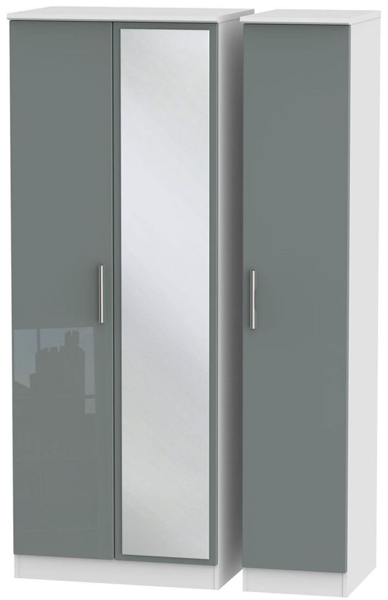 Knightsbridge Grey Gloss and White 3 Door Tall Triple Wardrobe - 1 Mirror