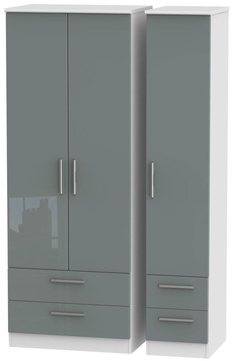 Knightsbridge Grey Gloss and White 3 Door Tall Triple Wardrobe - 4 Drawers
