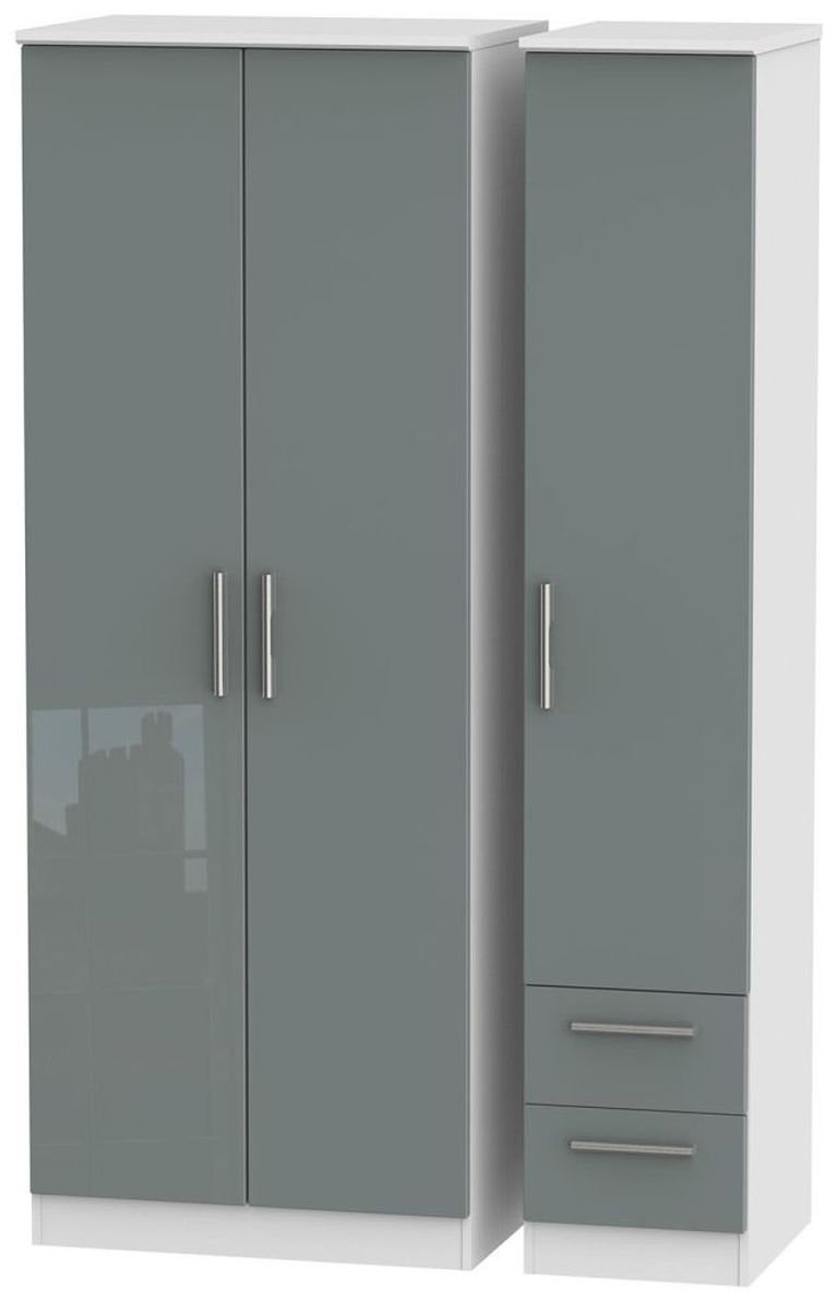 Knightsbridge Grey Gloss and White 3 Door Tall Triple Wardrobe - RHF 2 Drawers