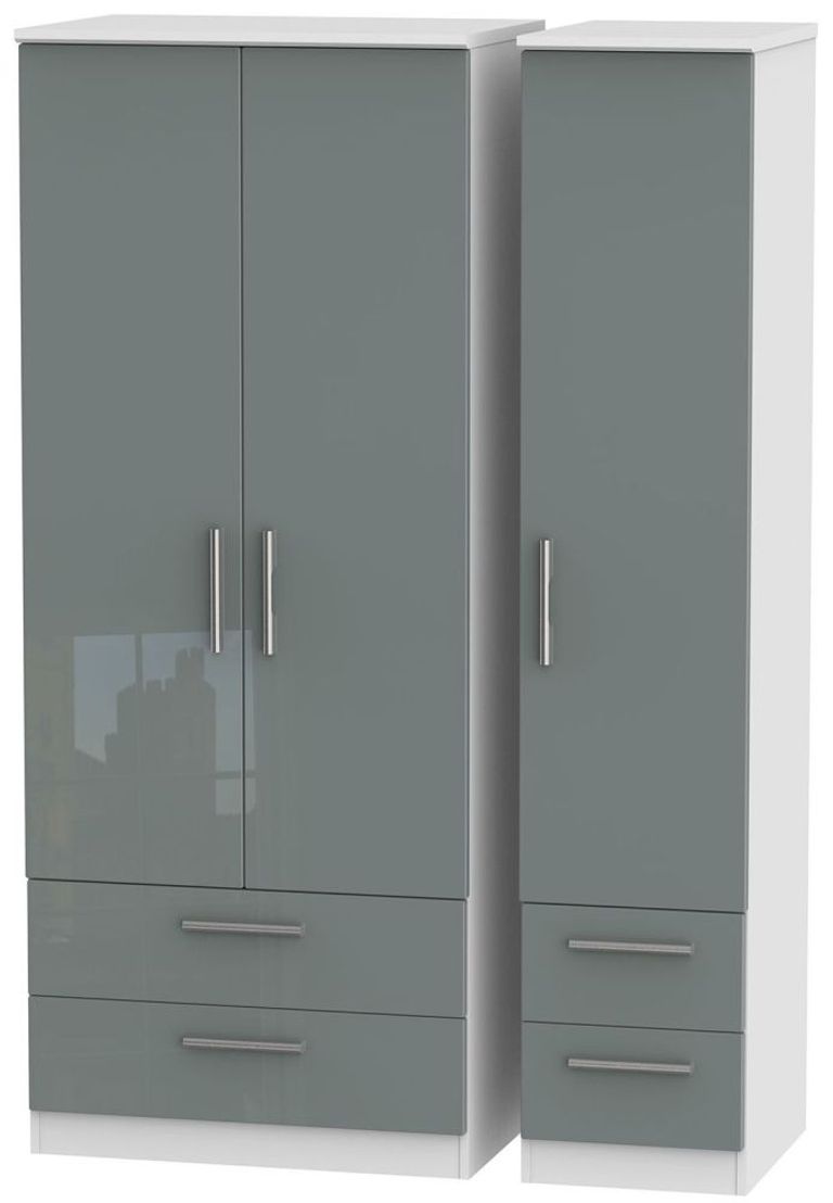 Knightsbridge Grey Gloss and White 3 Door Triple Wardrobe - 4 Drawers